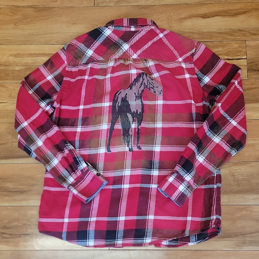 Upcycled Size SMALL Lands' End Red Plaid Womens Flannel Shirt with Horse Graphic